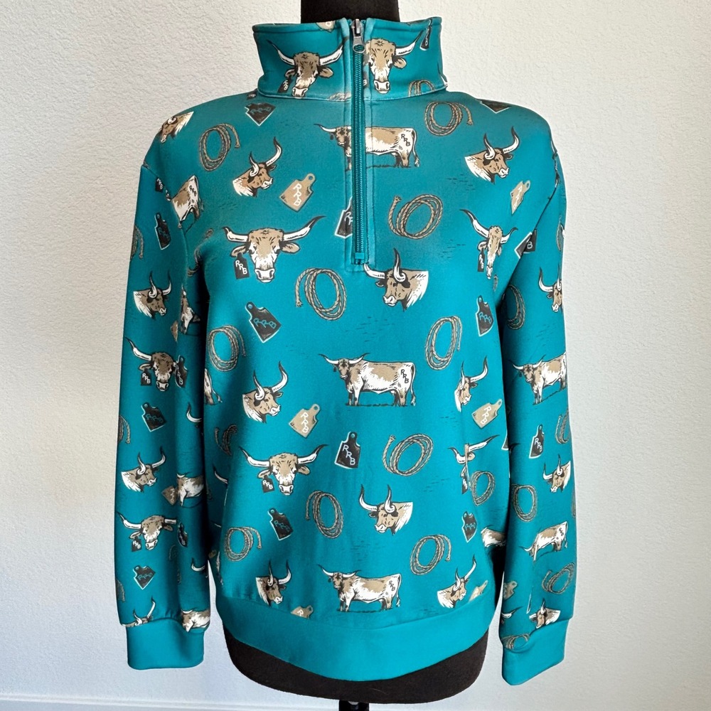 The Back Forty Teal Longhorn Cow Print Quarter Zip Pullover Western Top Medium